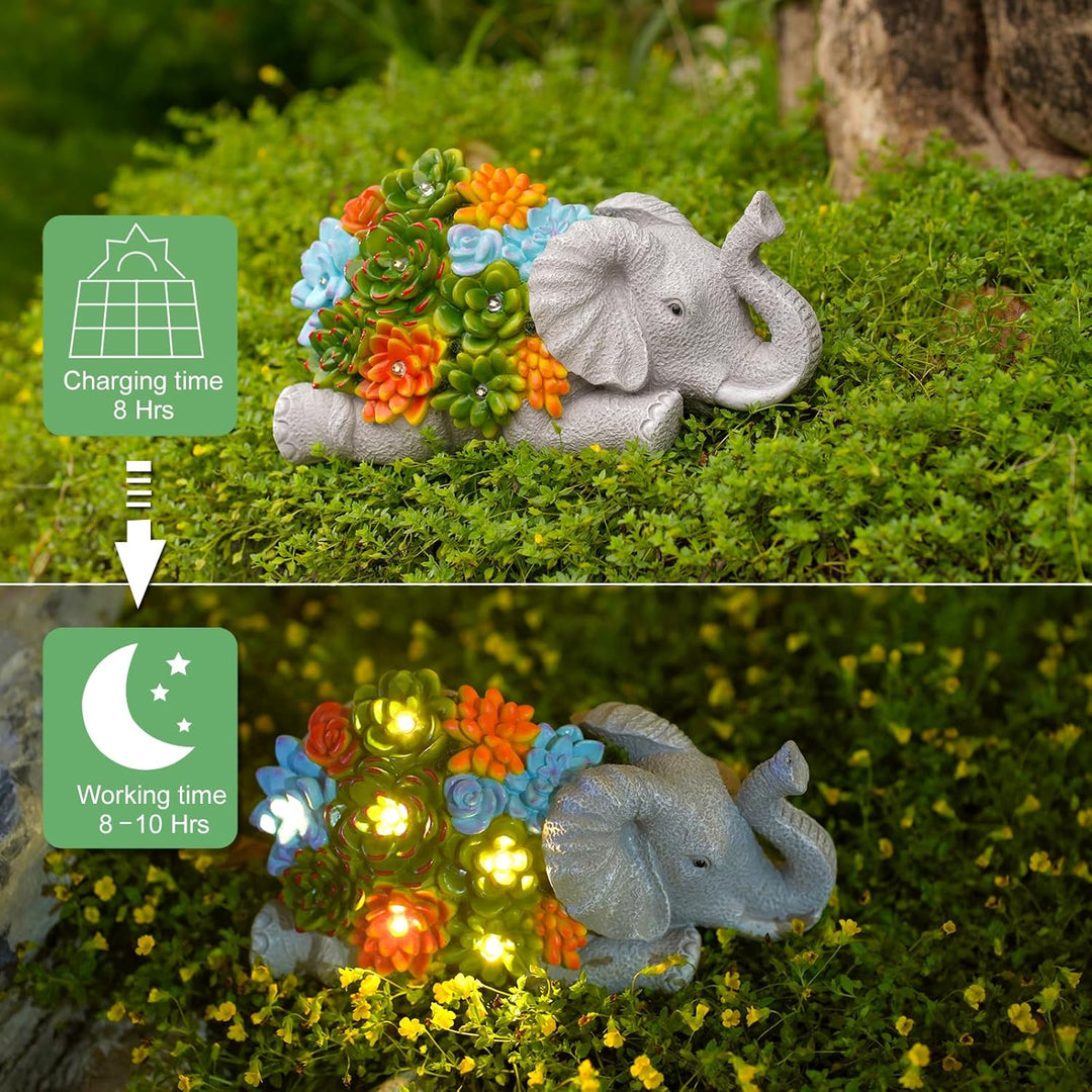 Yeomoo Elefant Deko mit Solarlampen Gartenfiguren Gartendeko für Draussen: Elefanten mit Sukkulenten