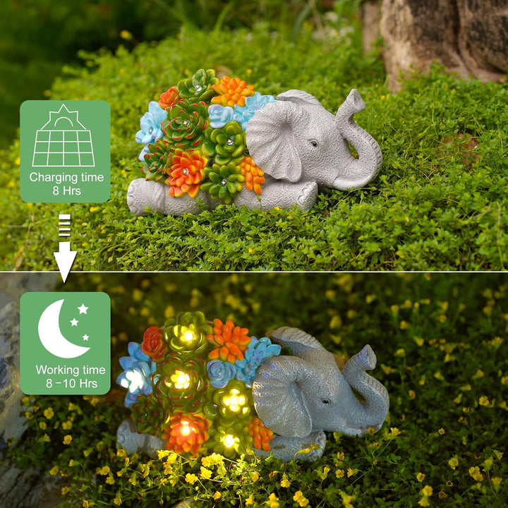 Yeomoo Elefant Deko mit Solarlampen Gartenfiguren Gartendeko für Draussen: Elefanten mit Sukkulenten