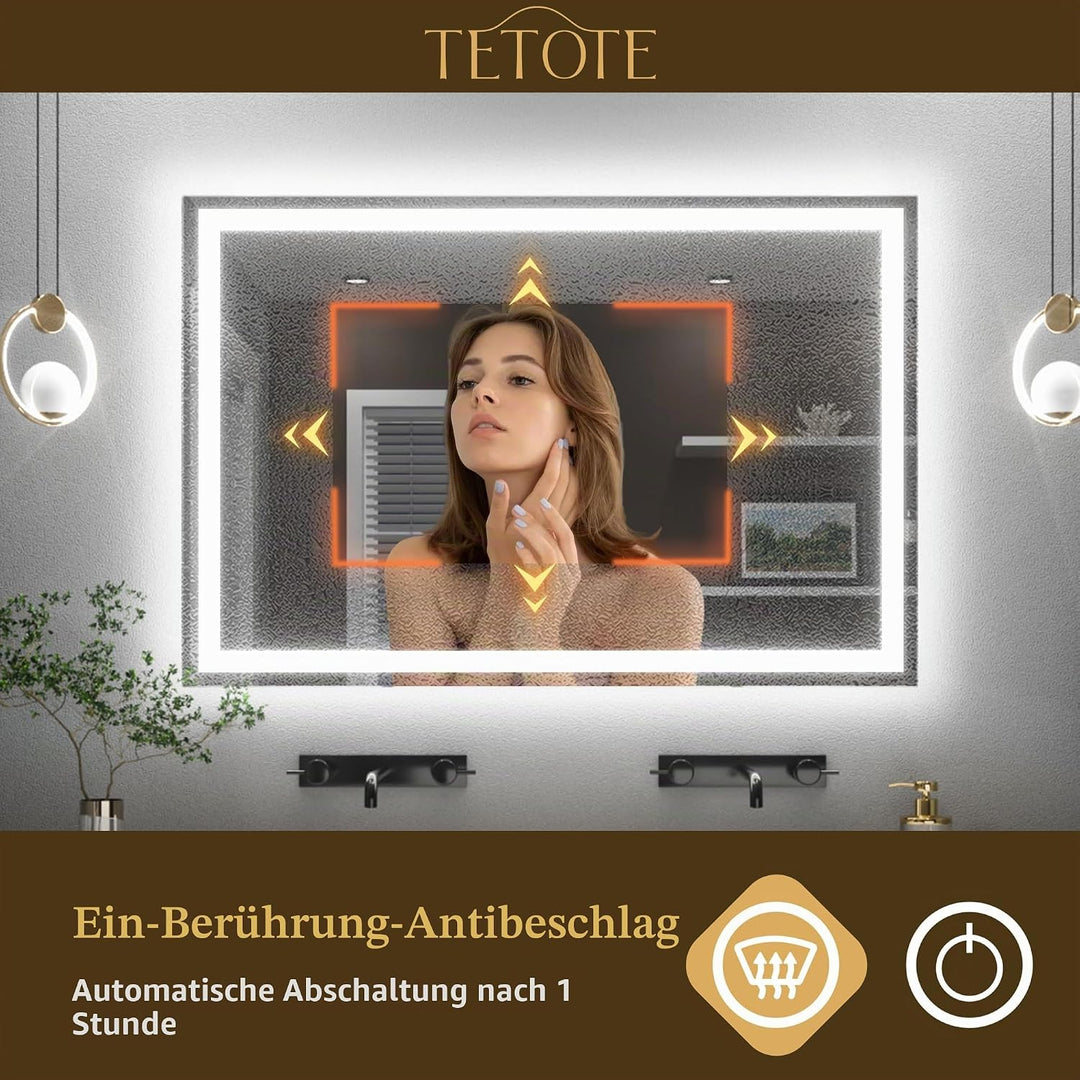 TETOTE Badspiegel mit Beleuchtung 70x90cm, Badezimmerspiegel Beleuchtet Beschlagfrei Badezimmer Wand