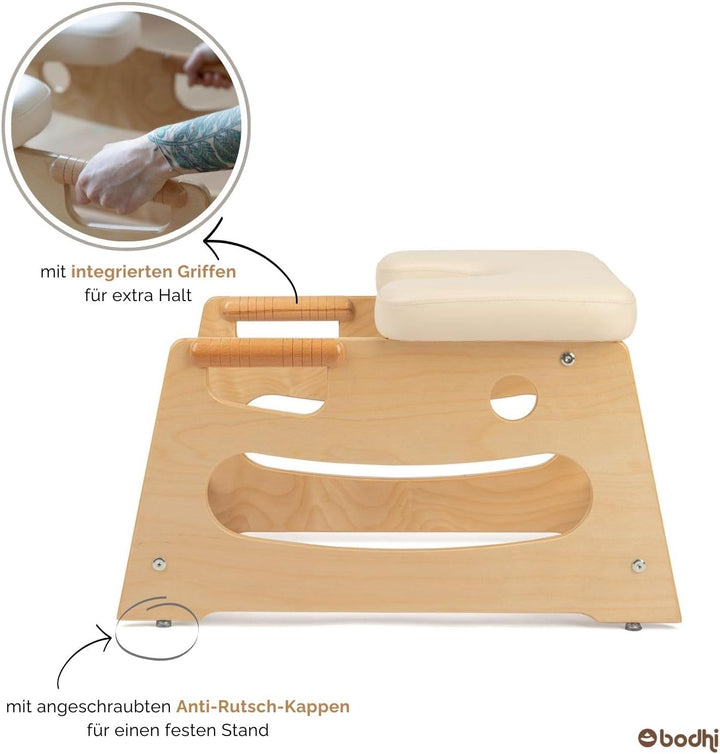 Bodhi Kopfstandhocker| Yoga Hocker aus Holz mit praktischen Griffen | Yogastuhl mit Polster für Umke