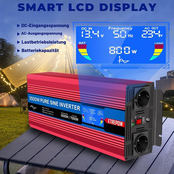 ETREPOW 3500w Spannungswandler 12v Auf 230v Reiner Sinus Wechselrichter mit 2 EU-Steckdose und Einer