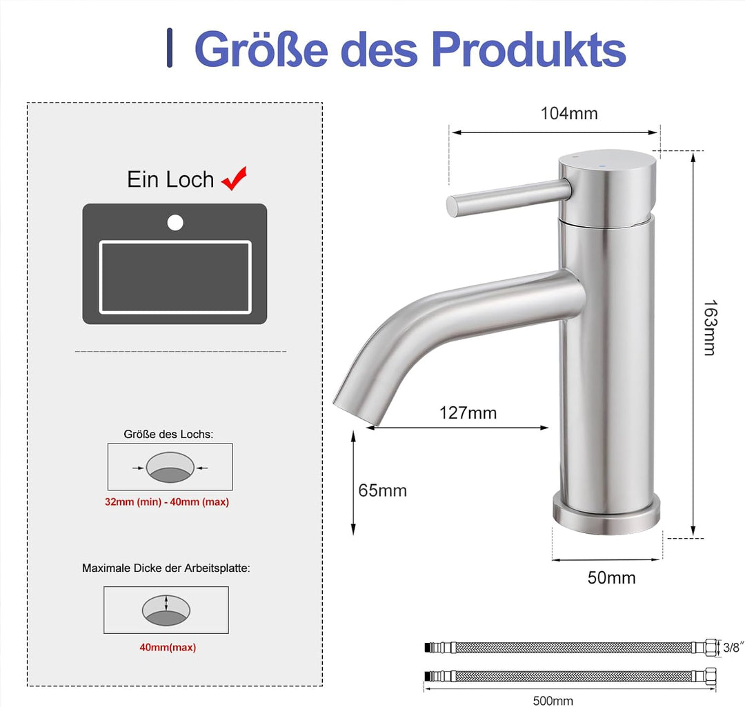 Wasserhahn Bad, Einhebelmischer für Waschbecken, Moderne Badarmatur in Schwarz, Einlochmontage (Gebü