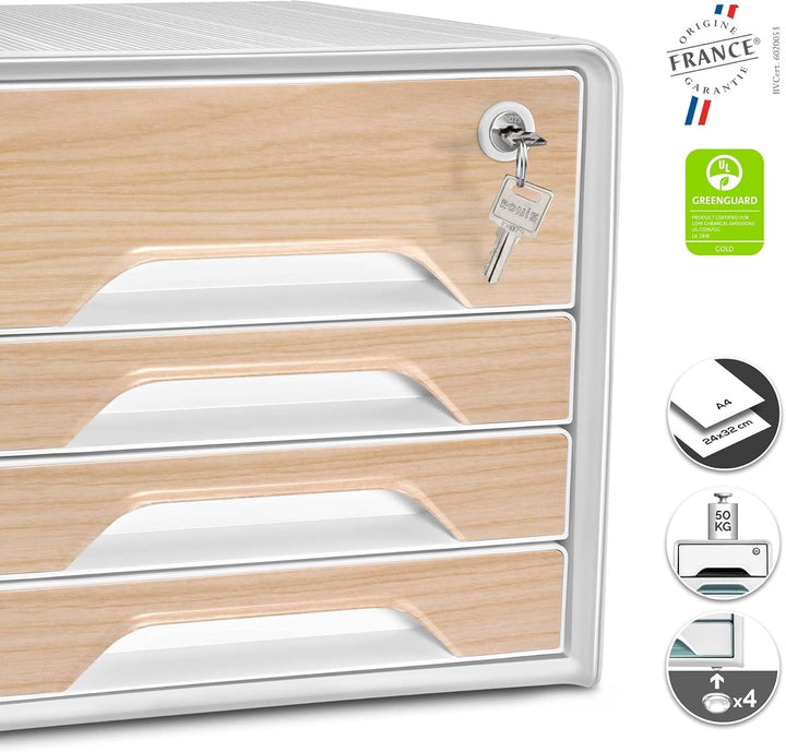 CEP Schubladenbox Secure mit 4 Schubladen und Zylinderschloss Smoove Silva Weiβ Holz Weiss / Buche,
