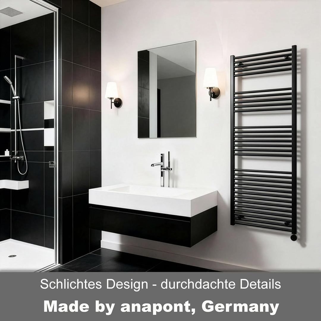 anapont WiFi und Bluetooth elektrischer Badheizkörper 1475x600 - schwarz gerade - Handtuchheizkörper