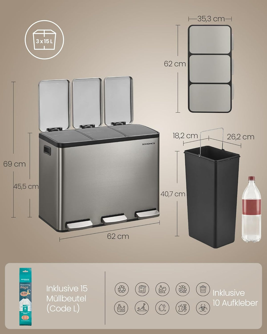 SONGMICS Mülleimer Küche, 3 x 15 L, Mülltrennsystem 3 Fächer, Abfalleimer mit 15 Müllbeuteln, Tretmü
