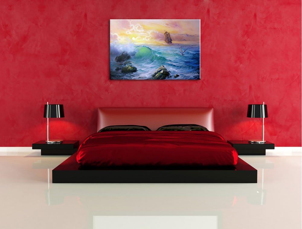 Sturm überm Meer Kunst Format: 100x70 auf Leinwand, XXL riesige Bilder fertig gerahmt mit Keilrahmen