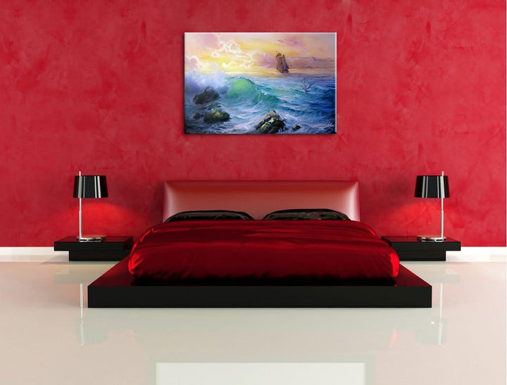 Sturm überm Meer Kunst Format: 100x70 auf Leinwand, XXL riesige Bilder fertig gerahmt mit Keilrahmen