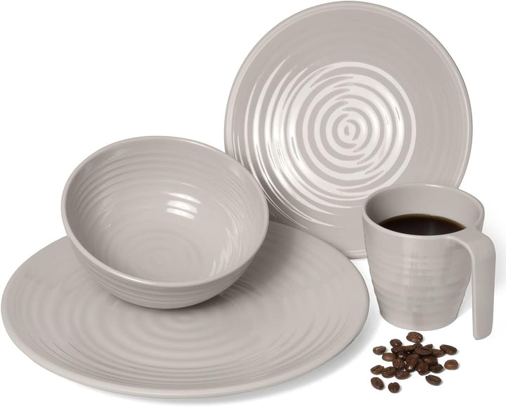 Melamin Camping Geschirr Set 4 Personen Coffee Design 16 Teilig + Milano Gläser Wassergläser Tafelge