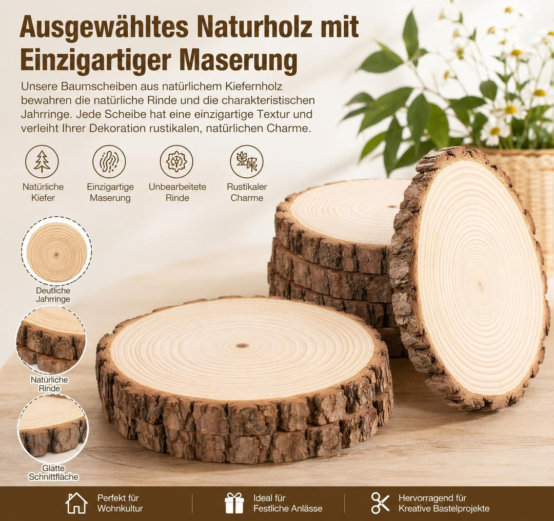 12er Set Holzscheiben 20 cm Durchmesser,Baumscheiben Naturholz mit Rinde,Runde Holzscheiben zum Bast
