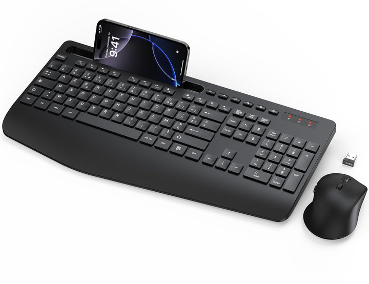 Tastatur Maus Set Kabellos, Ergonomische Tastatur in Voller Grösse mit Handgelenkauflage, Telefonhal