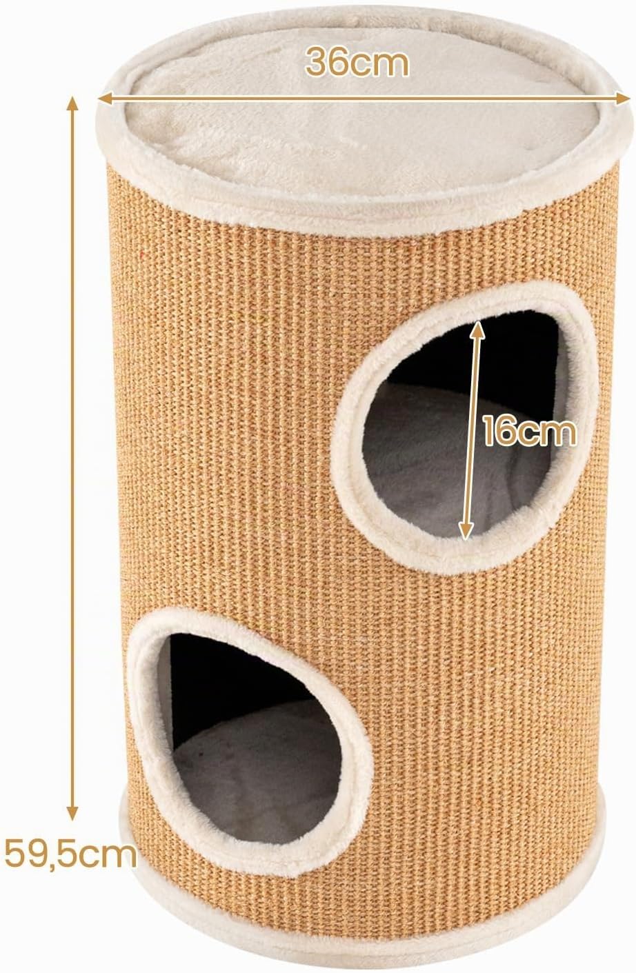 GYMAX Kratztonne Ø 36 cm, Höhe 60 cm, 2-stöckige Katzentonne mit Plüschsitz, Sisal-Kratzbrett, gross