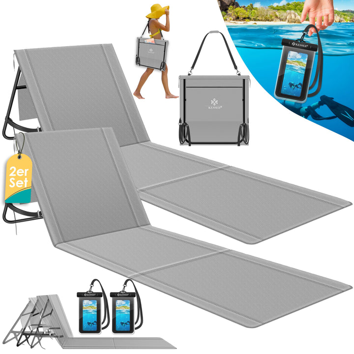 KESSER® 2er Set Strandmatte klappbar mit Verstellbarer Rückenlehne, Tragegurt, wasserdichter Tasche