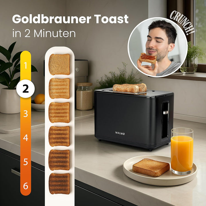MALMØ Toaster - 900 Watt mit digitalem Timer - Toaster 2 Scheiben - mit Brötchenaufsatz - matt schwa