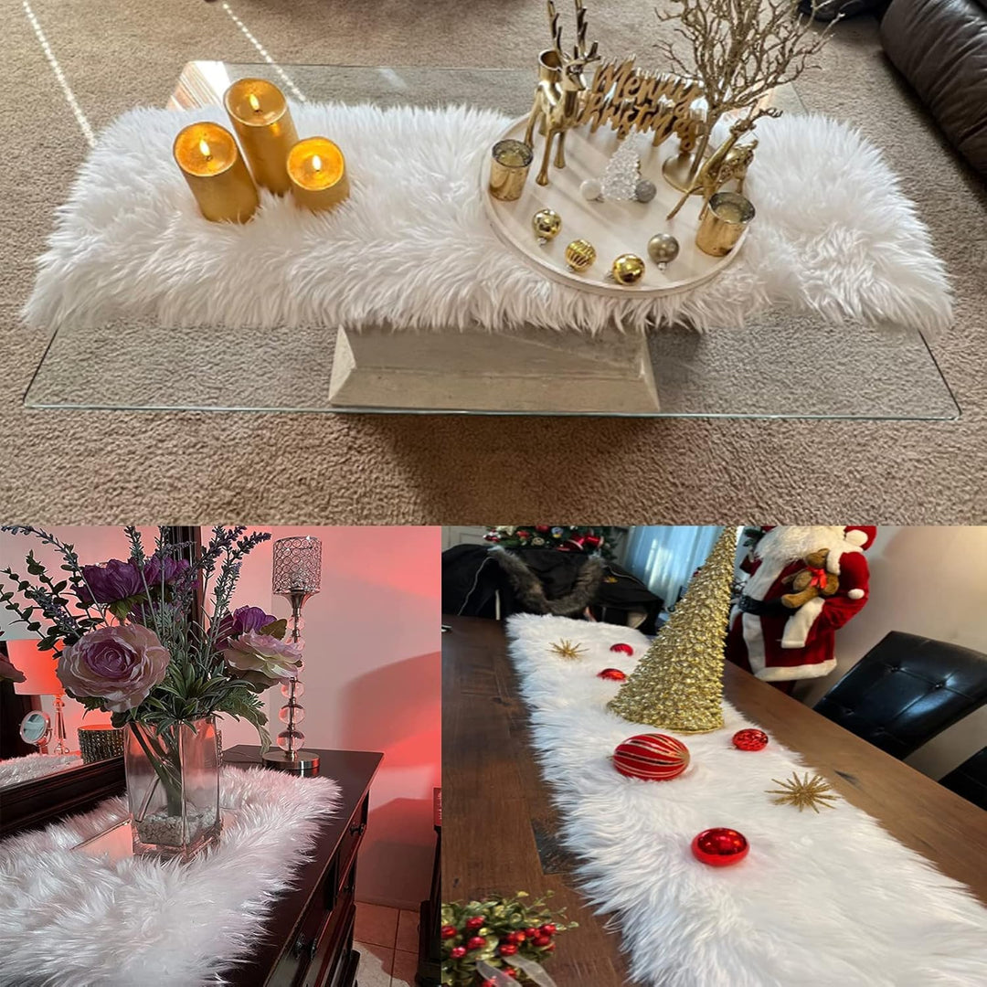 Topspitgo Kunstfell Modern Tischläufer - Deko Fell Tischläufer Weiss，Weihnachten Tischläufer für Wei
