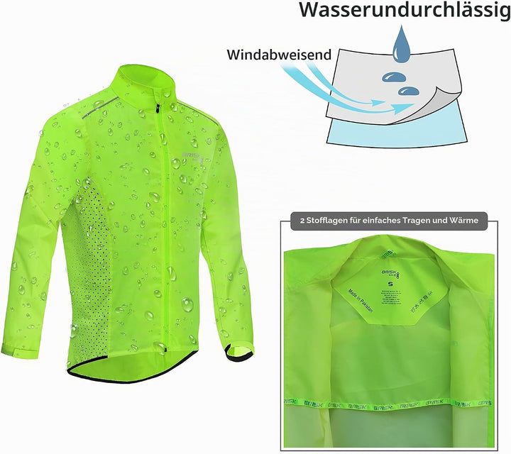 Brisk Bike Fahrrad-Regenjacke für Herren, hohe Sichtbarkeit, Vollärmel-Shell-Fahrradjacke L Grün, L