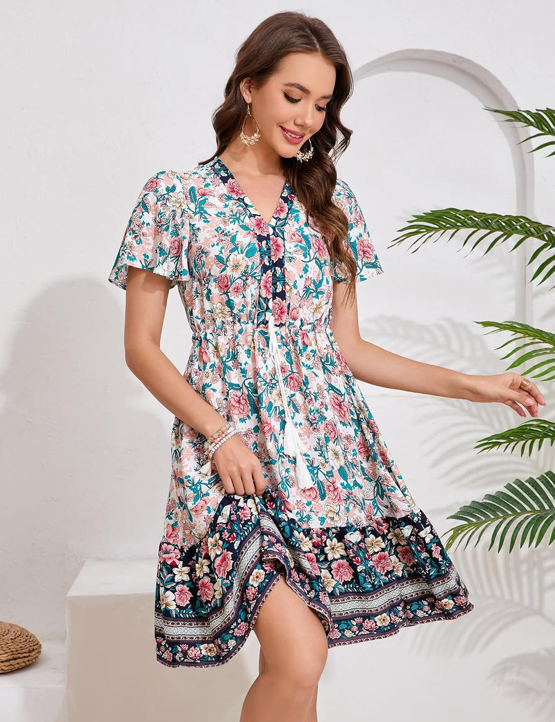 KOJOOIN Damen Sommerkleid Boho Tunika Kleid Kurzarm Minikleider V-Ausschnitt Strandkleid kurz Blumen