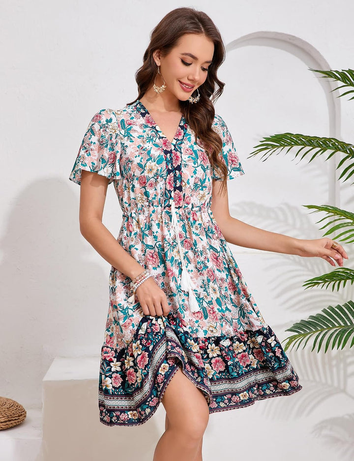 KOJOOIN Damen Sommerkleid Boho Tunika Kleid Kurzarm Minikleider V-Ausschnitt Strandkleid kurz Blumen