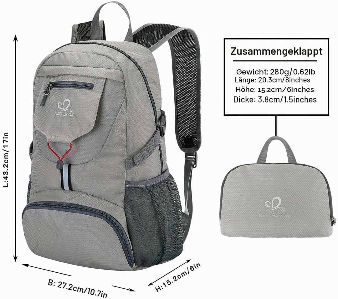 WATERFLY Ultraleicht Faltbar Klein Rucksack: 20L Leicht Packable Wanderrucksack Tagesrucksack Trekki