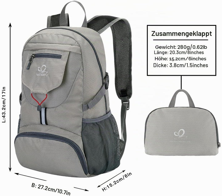 WATERFLY Ultraleicht Faltbar Klein Rucksack: 20L Leicht Packable Wanderrucksack Tagesrucksack Trekki