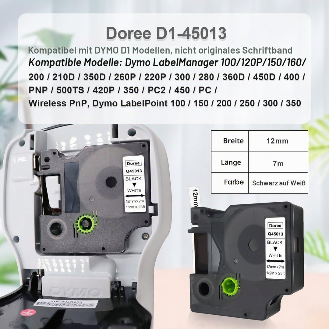 DOREE 6er Pack Etikettenband 45013 S0720530 12mm x 7m Schwarz auf Weiss Kompatibel mit Dymo D1 12mm