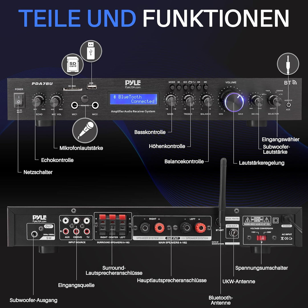 Pyle 200W HiFi Stereo Verstärker – 5-Kanal Receiver mit Radio & Bluetooth, MP3 USB/SD/AUX, Heimkino
