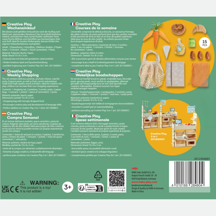 HABA Creative Play – Einkaufskorb – Spielzeug-Einkaufstasche mit Lebensmitteln aus Holz & Stoff – Zu