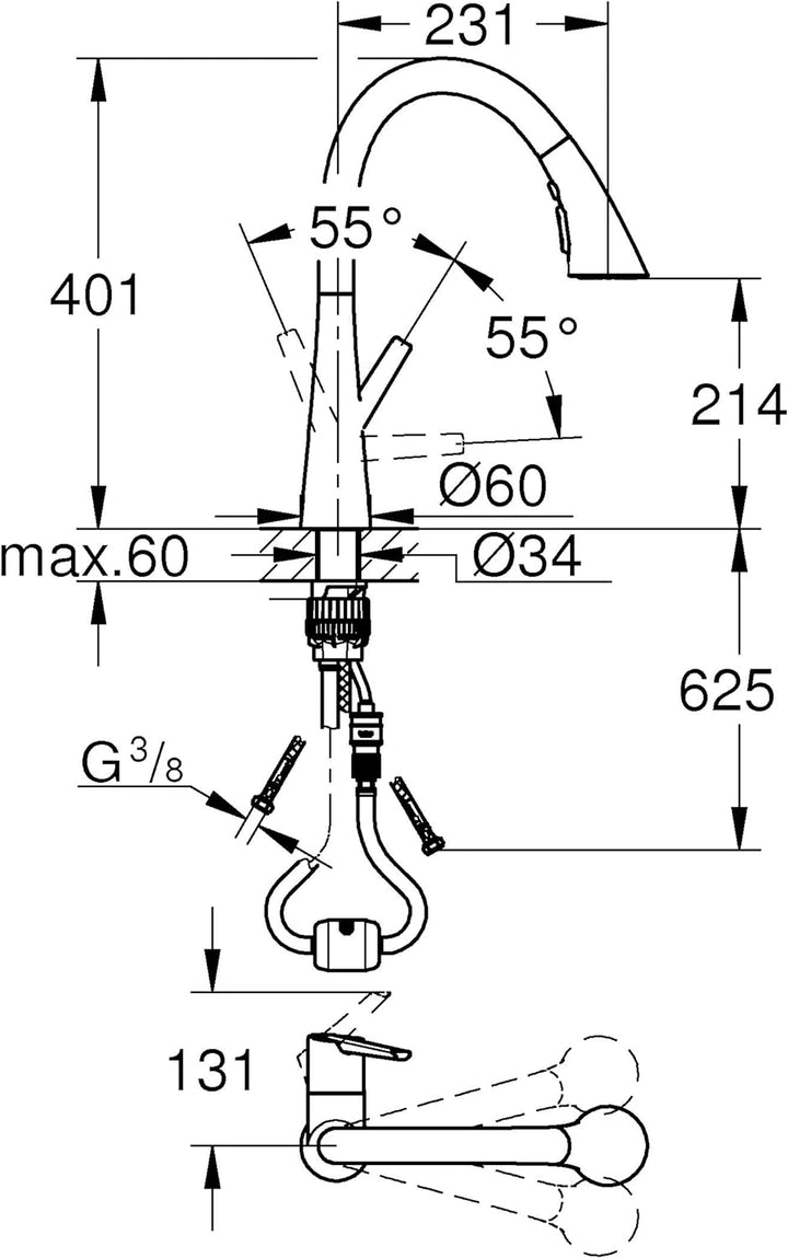 GROHE Zedra - Einhand-Spültischbatterie (langlebige Oberfläche, 3 Strahlarten, Schwenkbereich 360°),