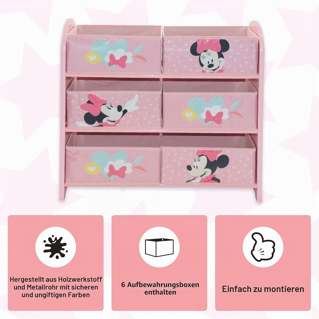 Disney Classic Minnie Maus Spielzeug-Aufbewahrungseinheit, 6 Boxen für Schlafzimmer, aus Holzwerksto