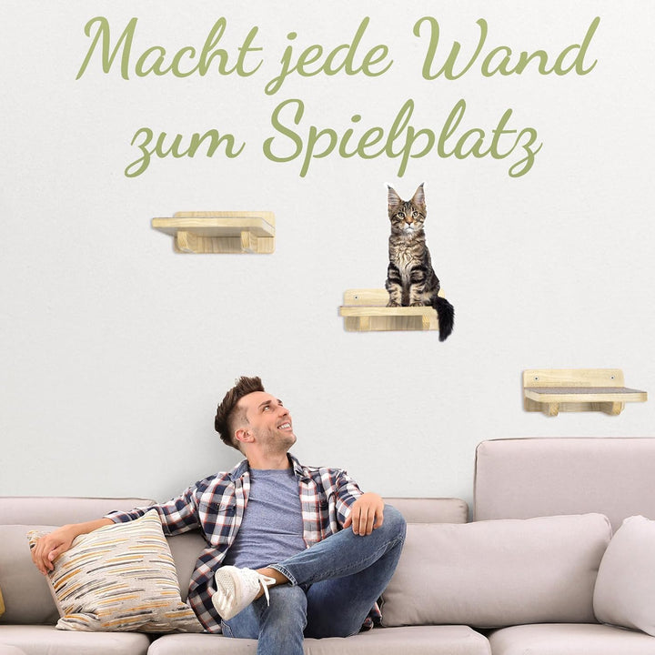 WOOWOOD® 2X Kletterwand Katzen - 2X Katzentreppe Wand [Vollholz] - Kratzbaum Wand - Hängematte Katze