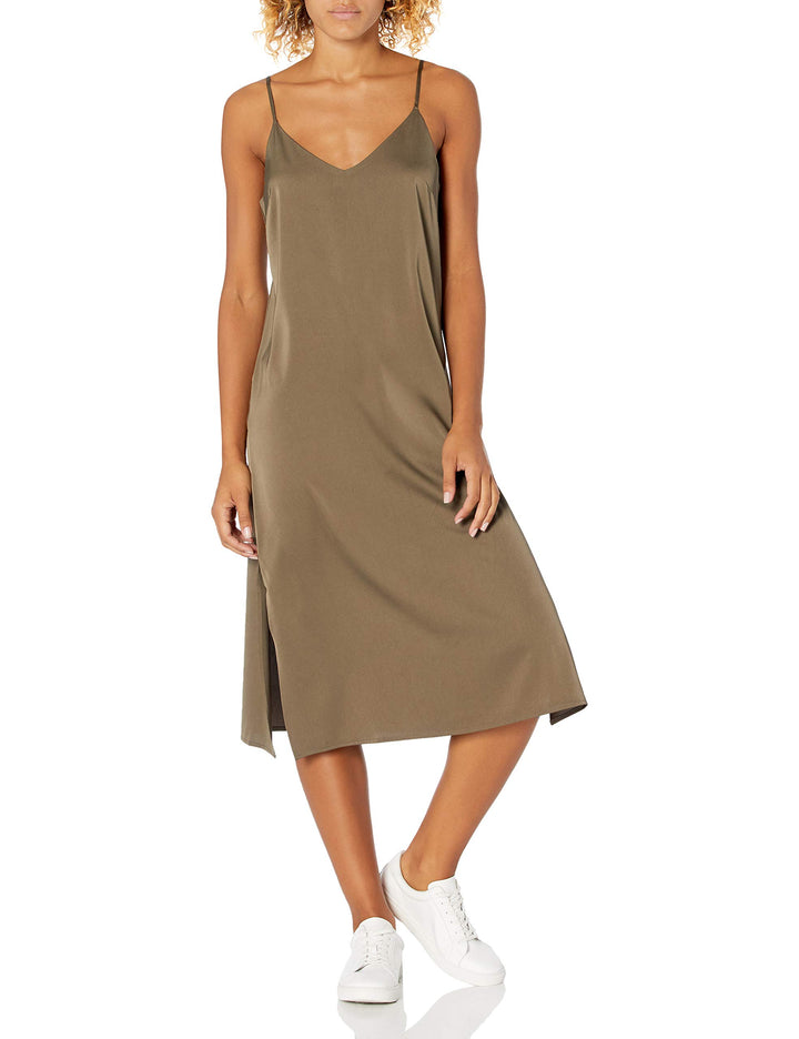 The Drop Damen Ana Silky Midi-Slip-Kleid mit V-Ausschnitt XL Dunkles Olivgrün, XL Dunkles Olivgrün