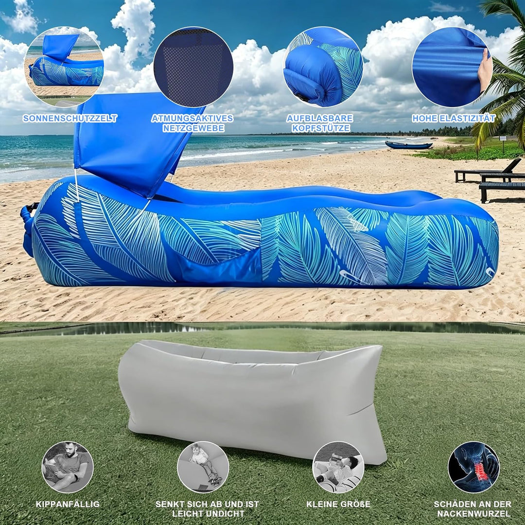 Aufblasbares Sofa (70 x 190 cm) mit Sonnenschutz | Luftliegestuhl, Outdoor-Luftkissen, Luftsitzsack,