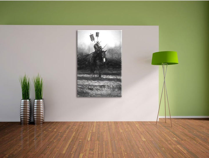 Pixxprint Samurai Krieger auf einem Pferd Kunst Kohle Effekt, Format: 100x70 auf Leinwand, 100x70