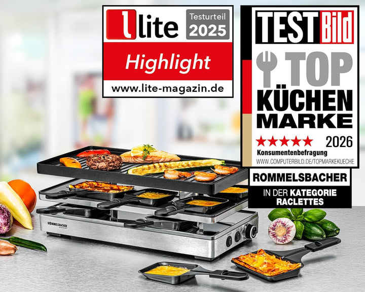 ROMMELSBACHER Pizza Raclette RCP 1800, Wendeplatte (Grillmuster/Crêpes), Pizzafunktion, keramische A