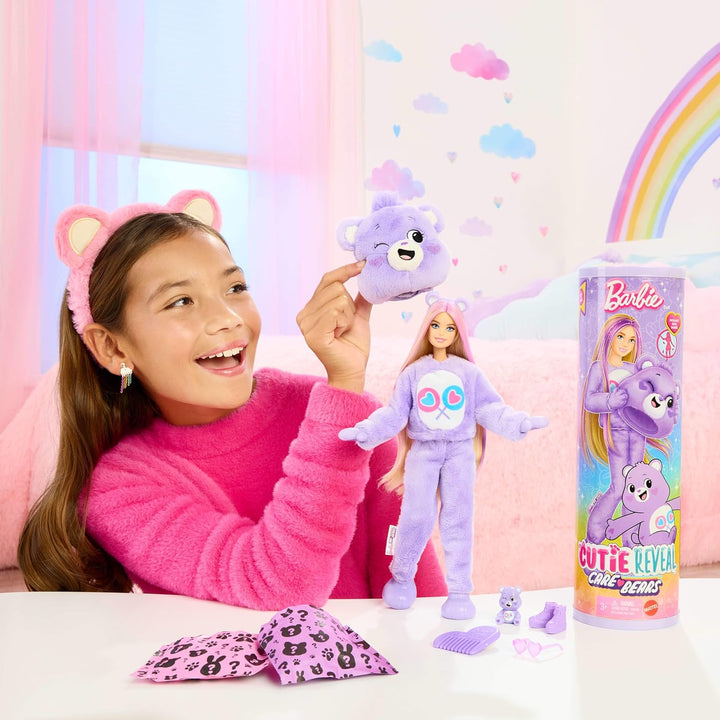 Barbie-Puppe mit Accessoires, Glücksbärchis-Reihe, Modepuppe mit plüschigem Teile-gern-Bärchi-Kostüm