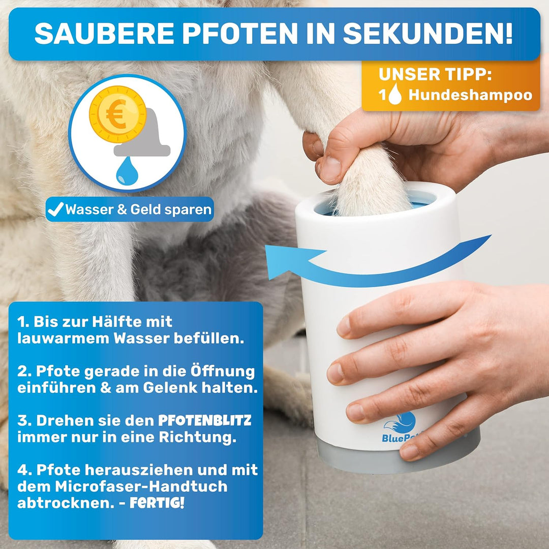 BluePet PfotenBlitz Pfotenreiniger für Hunde | Entfernt Dreck & Schmutz von Hundepfoten | Inkl. Mikr