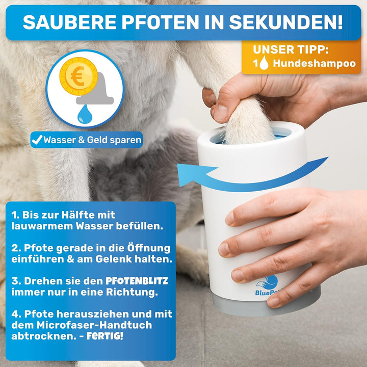 BluePet PfotenBlitz Pfotenreiniger für Hunde | Entfernt Dreck & Schmutz von Hundepfoten | Inkl. Mikr