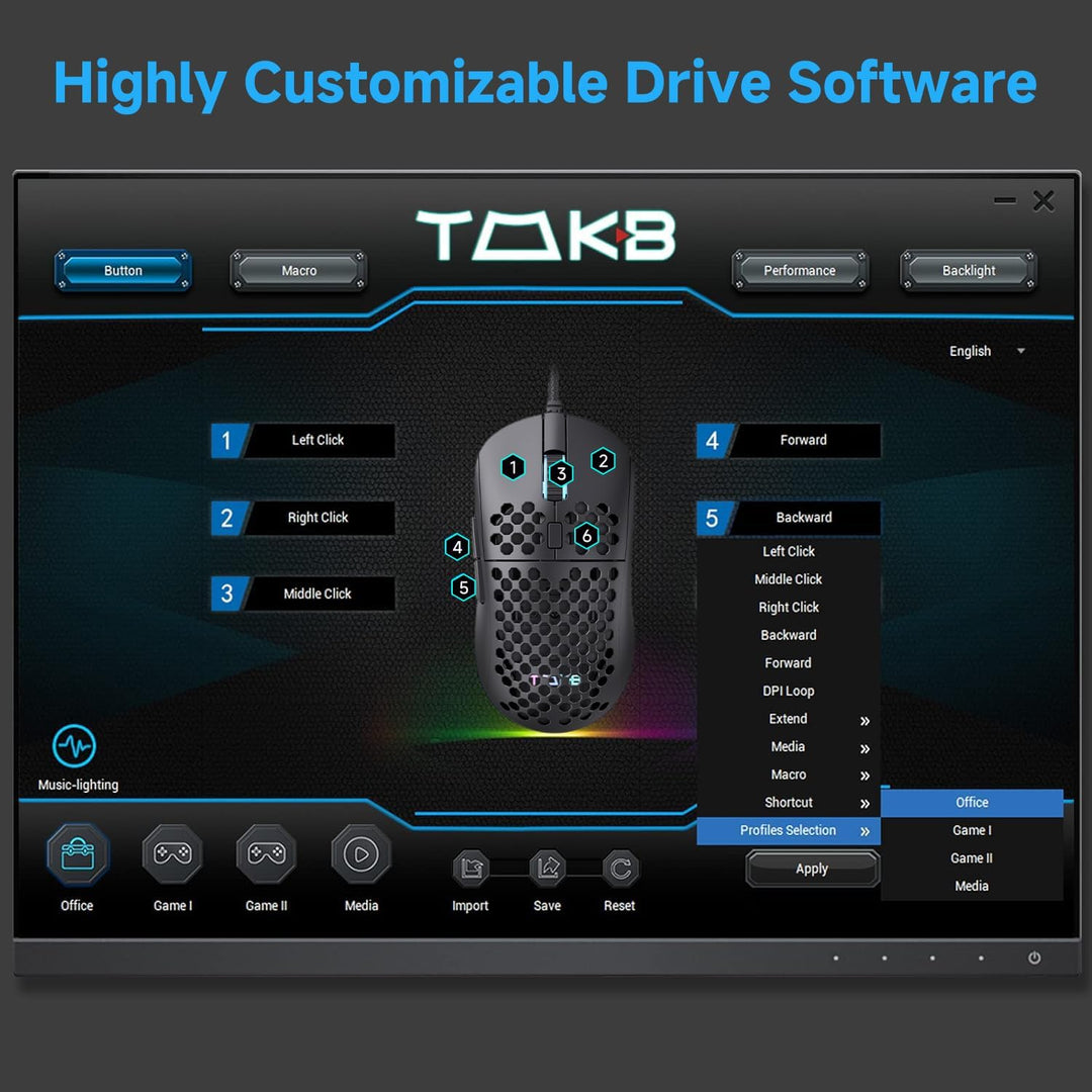 TMKB M1se Gaming Maus mit 12800 DPI Optischer Sensor,6 Programmierbare Tasten Wabenmaus,Anpassbares