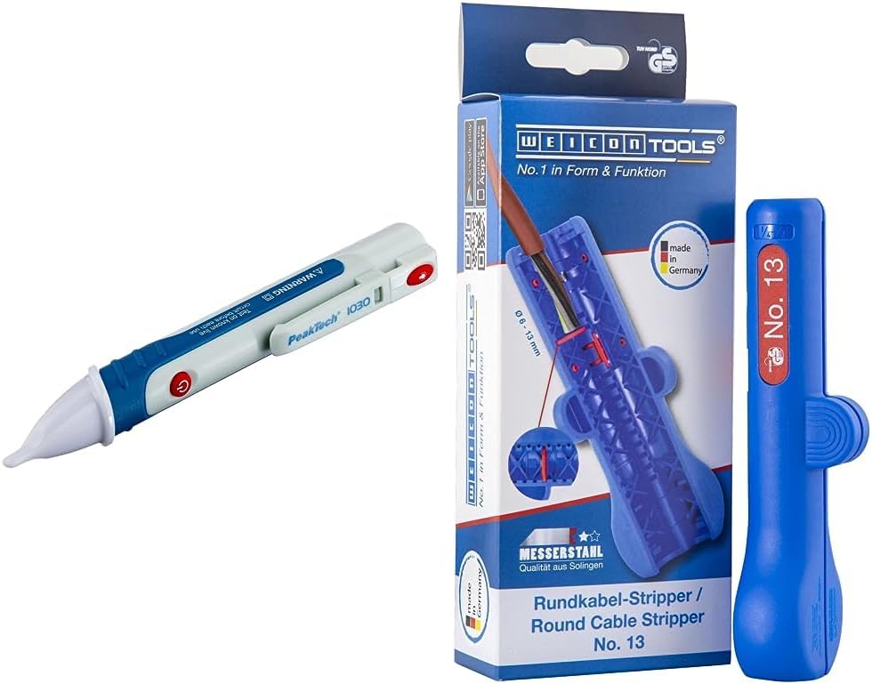 Peak Tech P 1030 – Kontaktloser AC Spannungsprüfer mit LED Lampe & WEICON TOOLS Rundkabel-Stripper N