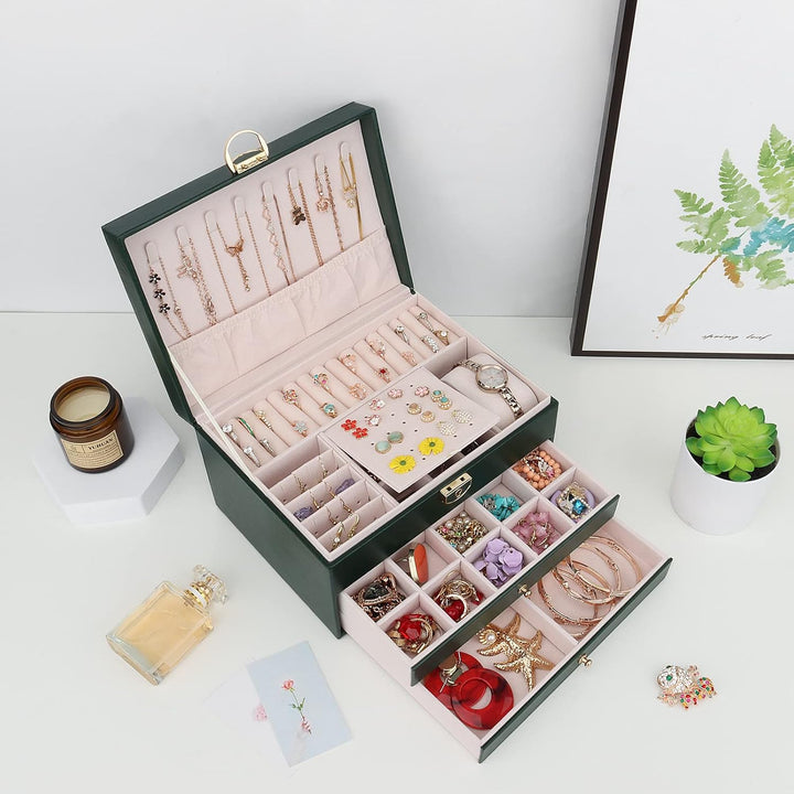 Schmuckkasten, Schmuckkästchen mit 3 Ebenen mit Schubladen, PU-Leder Schmuckbox Schmuckschatulle Gro