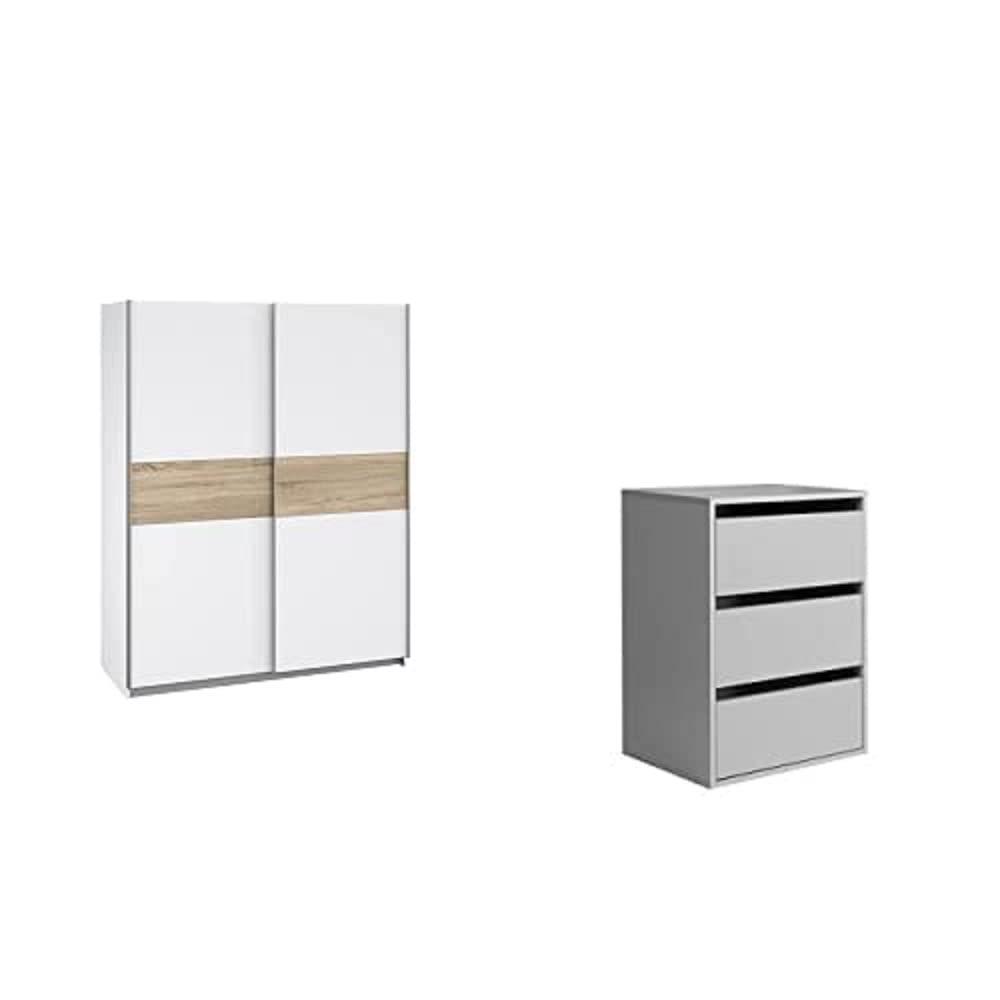Forte Winnie 1,5 M Kleiderschrank + Schubkastenblock schmal Weiss Kombiniert mit Sonoma Eiche Dekor