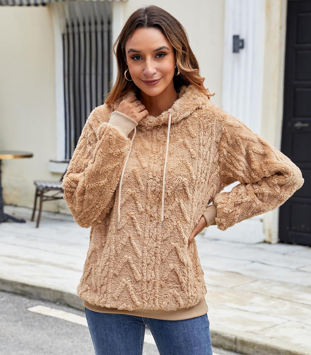 Zetieny Hoodie Damen Kapuzenpullover Teddy Fleece Double Fuzzy Fluffy Jacquard Pullover Lässiges War