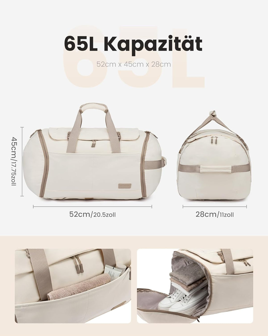 LOVEVOOK Reisetasche Sporttasche Rucksack Gross, 56L Handgepäck Rucksack Flugzeug mit Schuhfach Nass