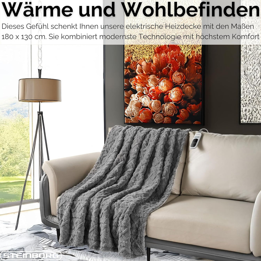 Steinborg® Heizdecke 180x130 cm mit Abschaltautomatik – Elektrische Kuscheldecke für Bett & Sofa, Wä