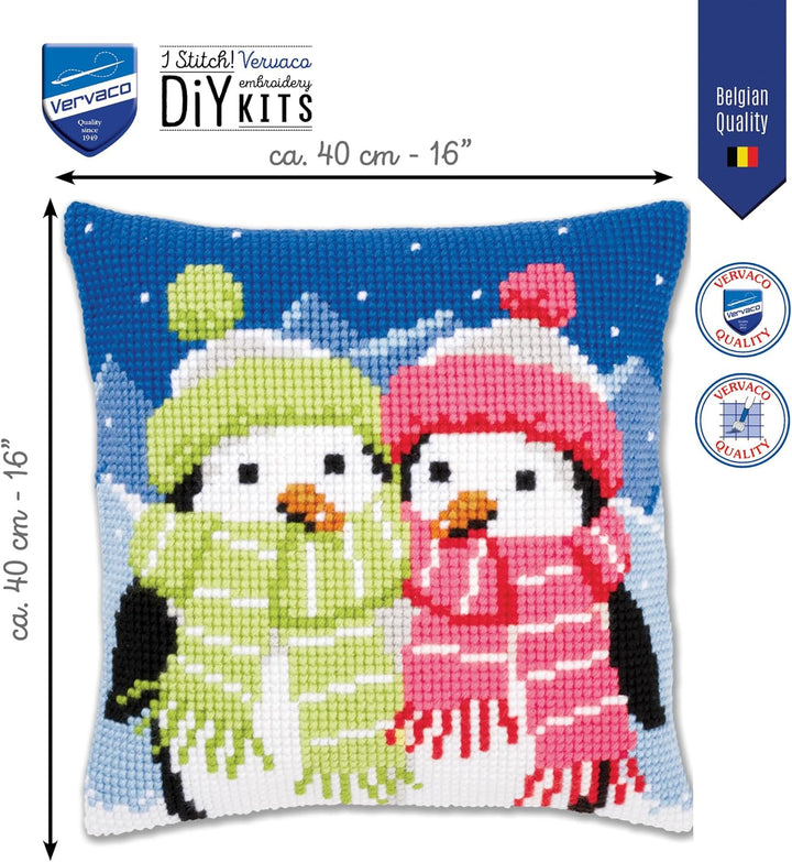 Vervaco Pinguine mit Schal Kreuzstichkissen/Stickkissen vorgedruckt, Baumwolle, Penguins with Scarf,