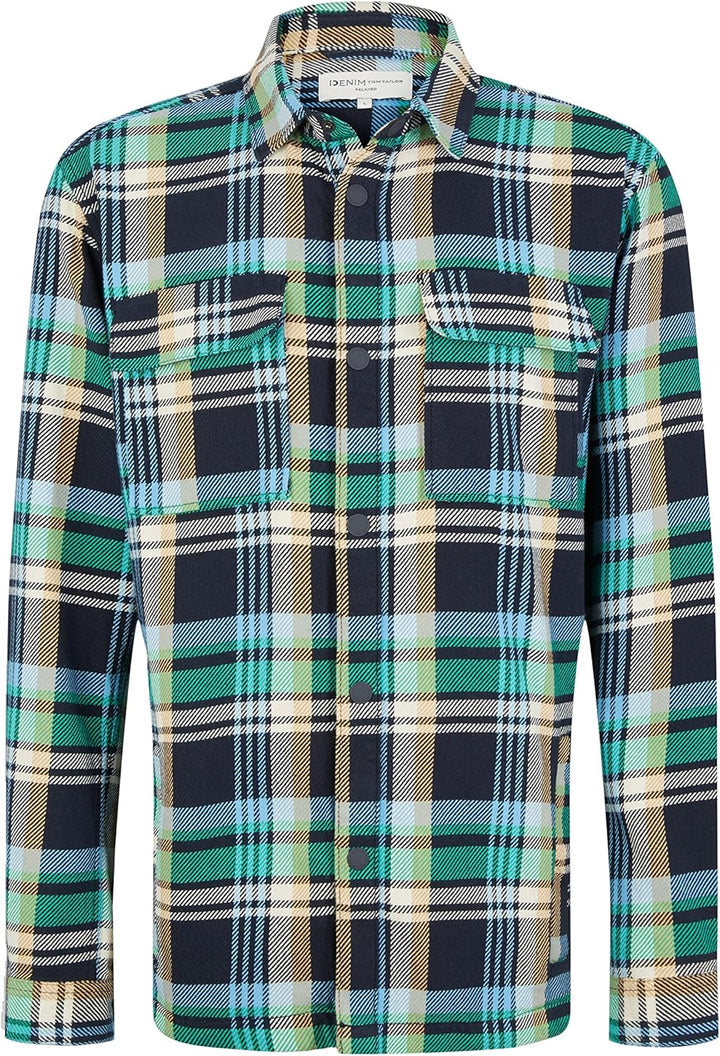 TOM TAILOR Denim Herren Overshirt aus Flanell mit Karo-Muster L 31568 - Navy Blue Green Big Check, L