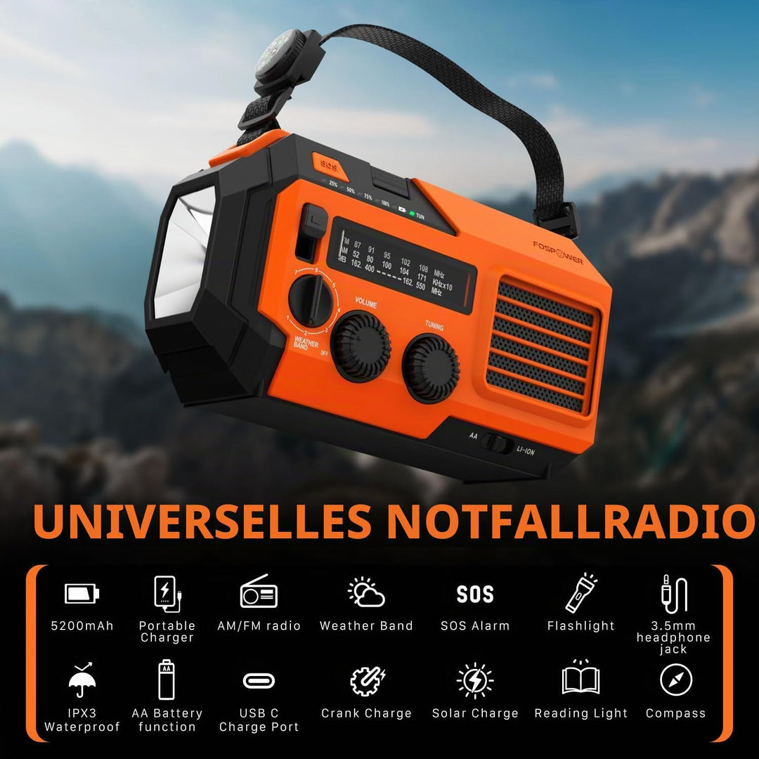 FosPower - Notfallradio NOAA/AM/FM mit 19240mWh (5200mAh) Tragbare Powerbank - Aufladung per USB/Sol