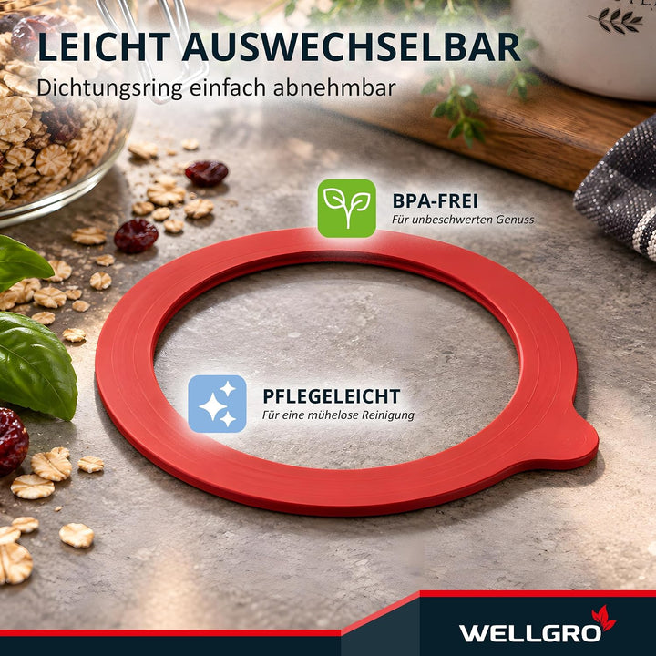 WELLGRO 6x Einmachgläser mit Bügelverschluss rund 1140ml, Fermentierglas, Vorratsgläser mit Deckel -