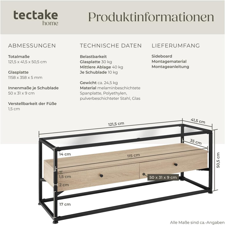 tectake® Lowboard mit 2 Schubladen und Ablagen, 121,5 x 41,5 x 50,5 cm, Fernsehtisch mit Glasplatte,