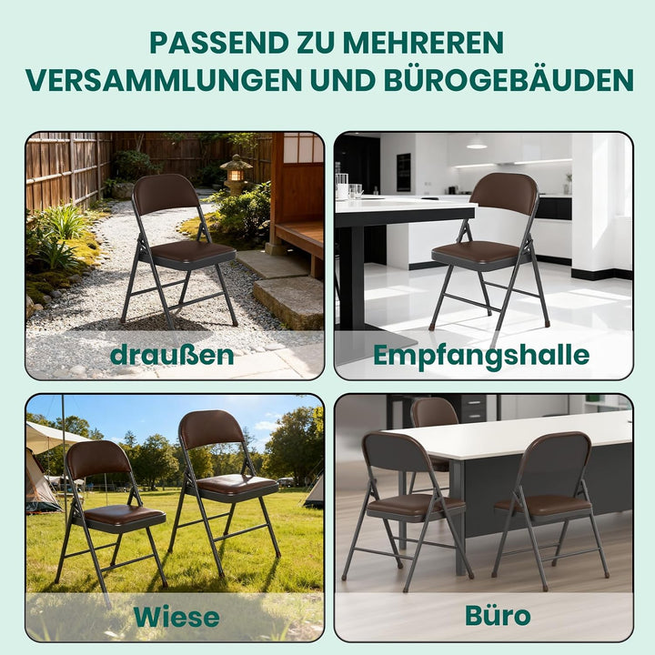 Klappstuhl 2er Set mit PU-Leder &amp; Polsterung, Stabiler Metallrahmen, Leicht &amp; Platzsparend, für Büro