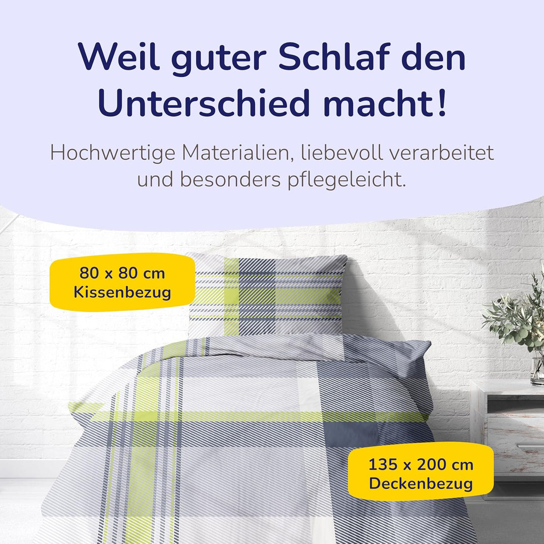 Träumschön Bettwäsche 135x200 Baumwolle Grün Grau - Moderne Biber Bettwäsche Baumwolle 135x200 Herbs